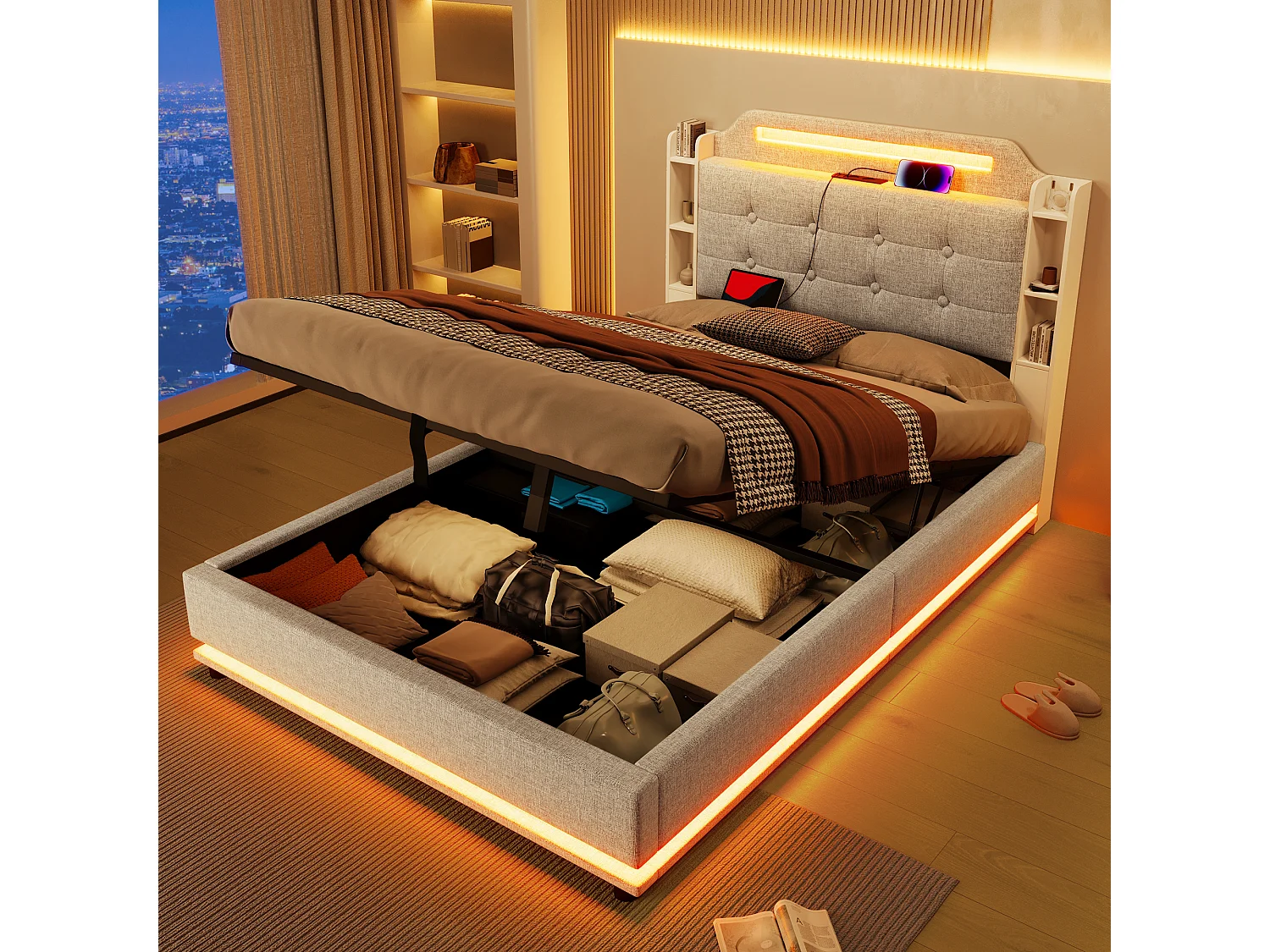 Lit coffre rembourré - 140 x 200 cm - avec Leds + USB + TYPE-C - tête de lit avec rangements - lin - beige