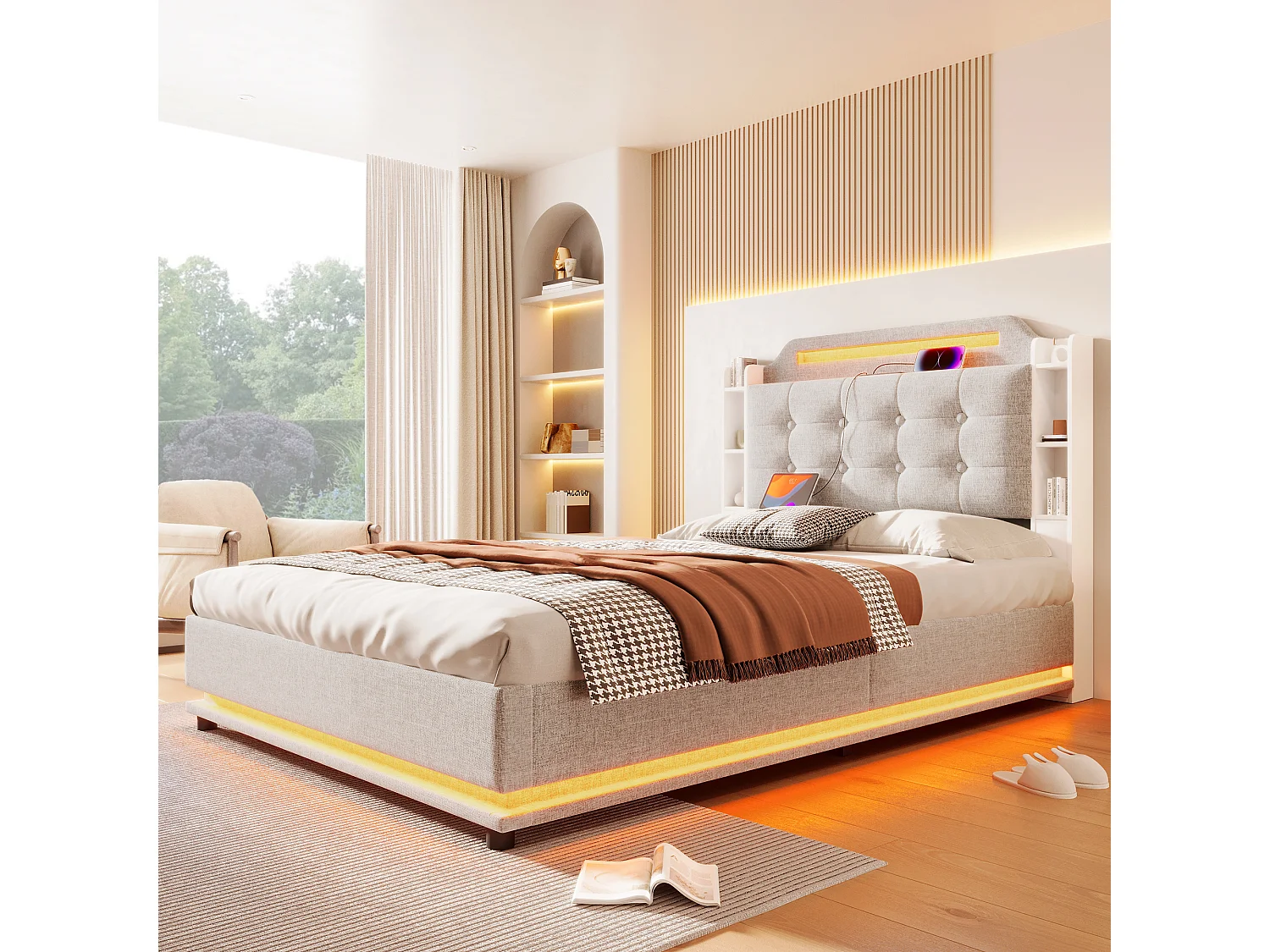 Lit coffre rembourré - 140 x 200 cm - avec Leds + USB + TYPE-C - tête de lit avec rangements - lin - beige