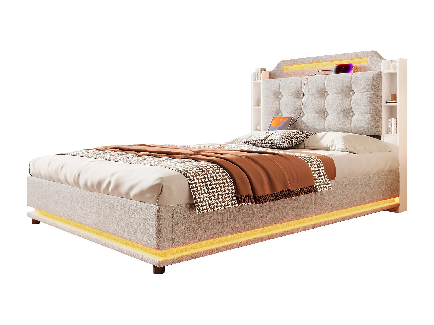 Lit coffre rembourré - 140 x 200 cm - avec Leds + USB + TYPE-C - tête de lit avec rangements - lin - beige