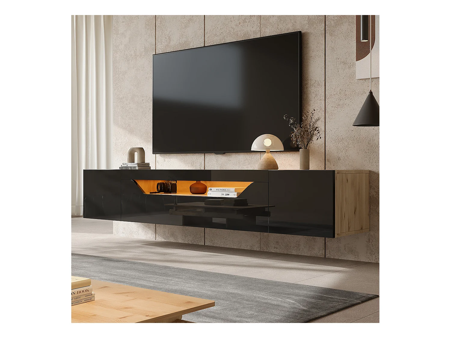 Hochglanz-TV-Wandschrank - 180 x 37 x 36 cm - mit 3 Türen + LEDs - für 75 Zoll Fernseher - Spanplatte - Schwarz