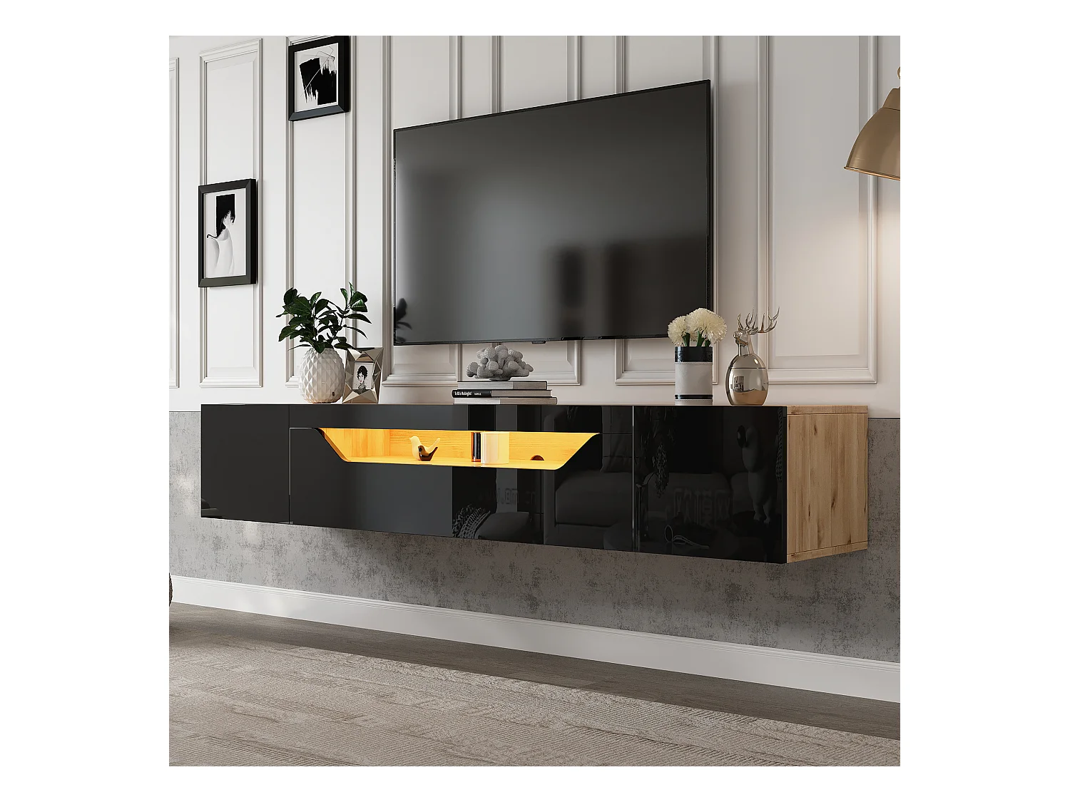 Meuble TV suspendu brillante - 180 x 37 x 36 cm - avec 3 portes + Leds - pour TV 75 pouces - aggloméré - noir