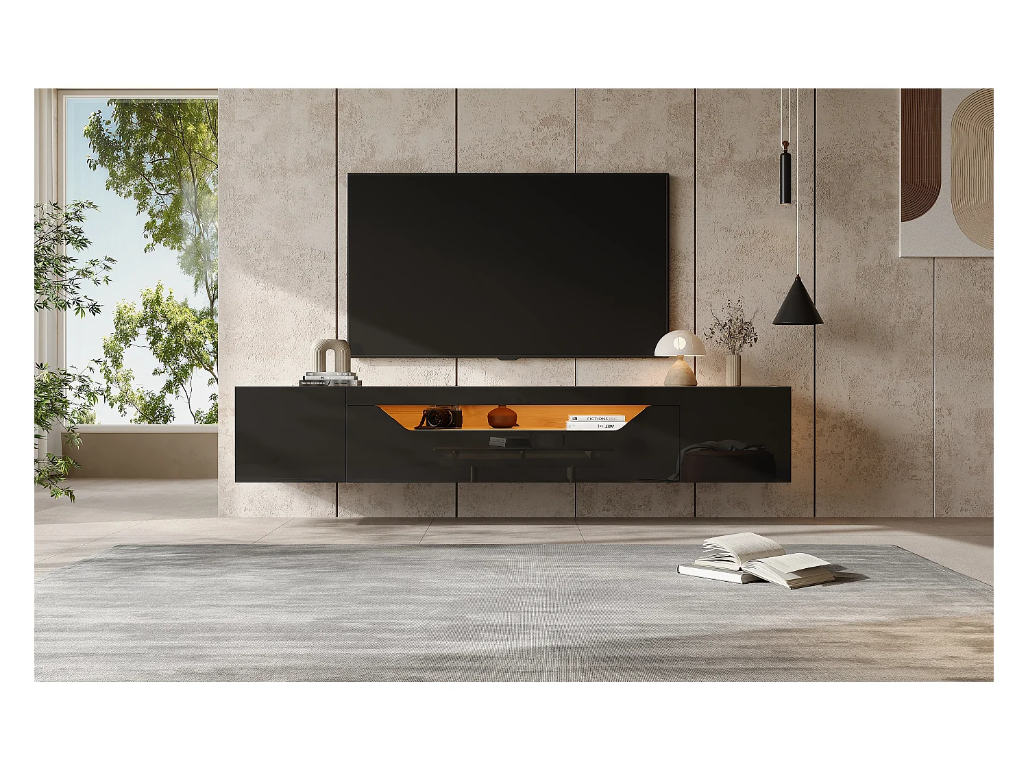 Meuble TV suspendu brillante - 180 x 37 x 36 cm - avec 3 portes + Leds - pour TV 75 pouces - aggloméré - noir