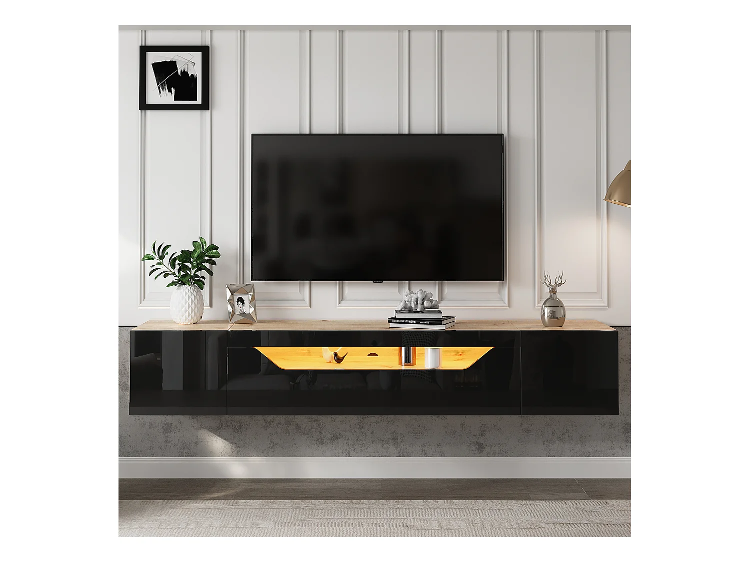 Meuble TV suspendu brillante - 180 x 37 x 36 cm - avec 3 portes + Leds - pour TV 75 pouces - aggloméré - noir