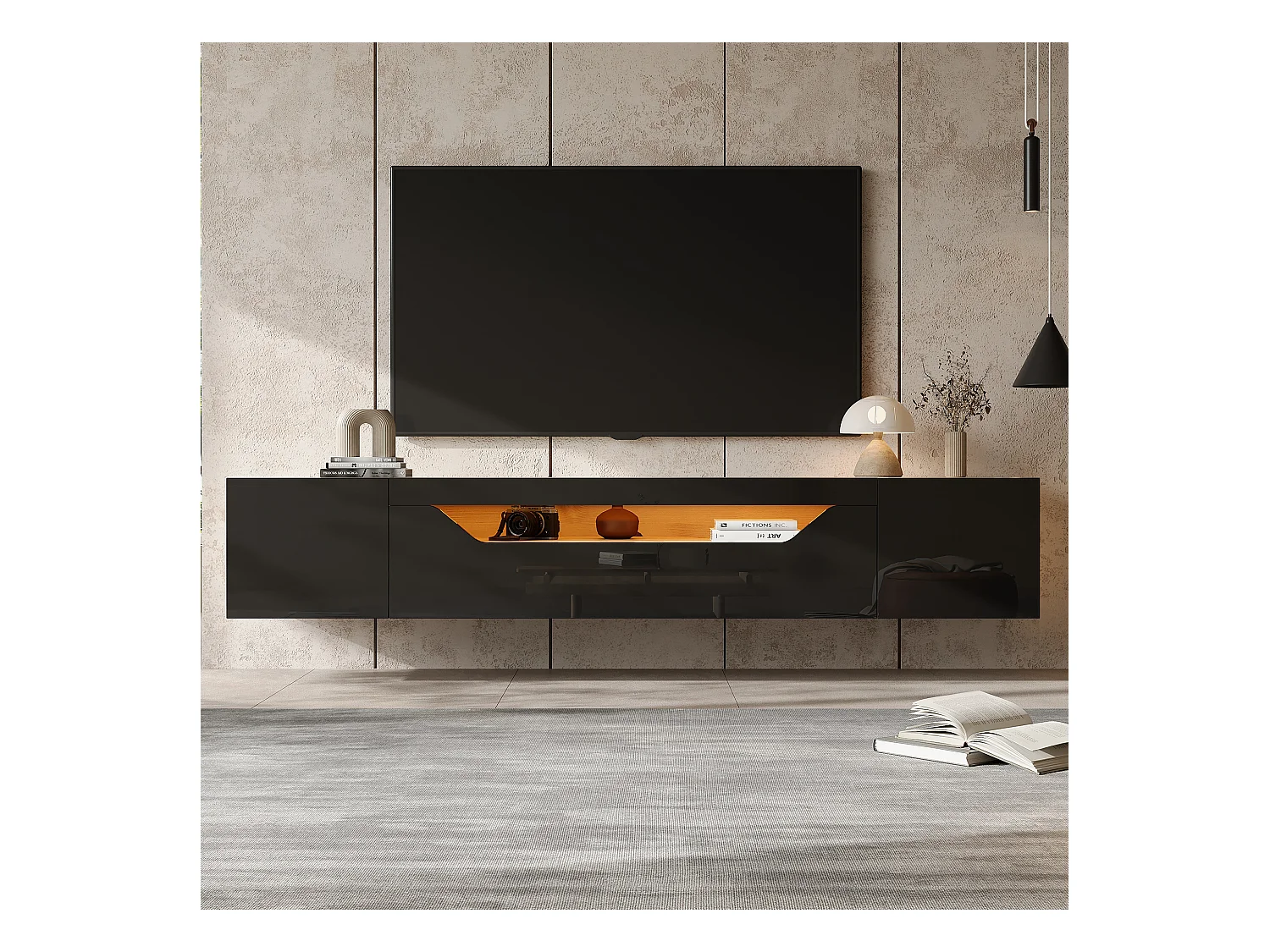 Meuble TV suspendu brillante - 180 x 37 x 36 cm - avec 3 portes + Leds - pour TV 75 pouces - aggloméré - noir