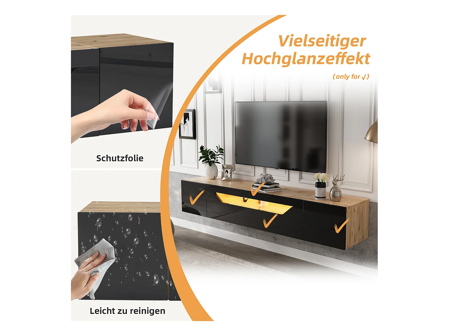 Meuble TV suspendu brillante - 180 x 37 x 36 cm - avec 3 portes + Leds - pour TV 75 pouces - aggloméré - noir
