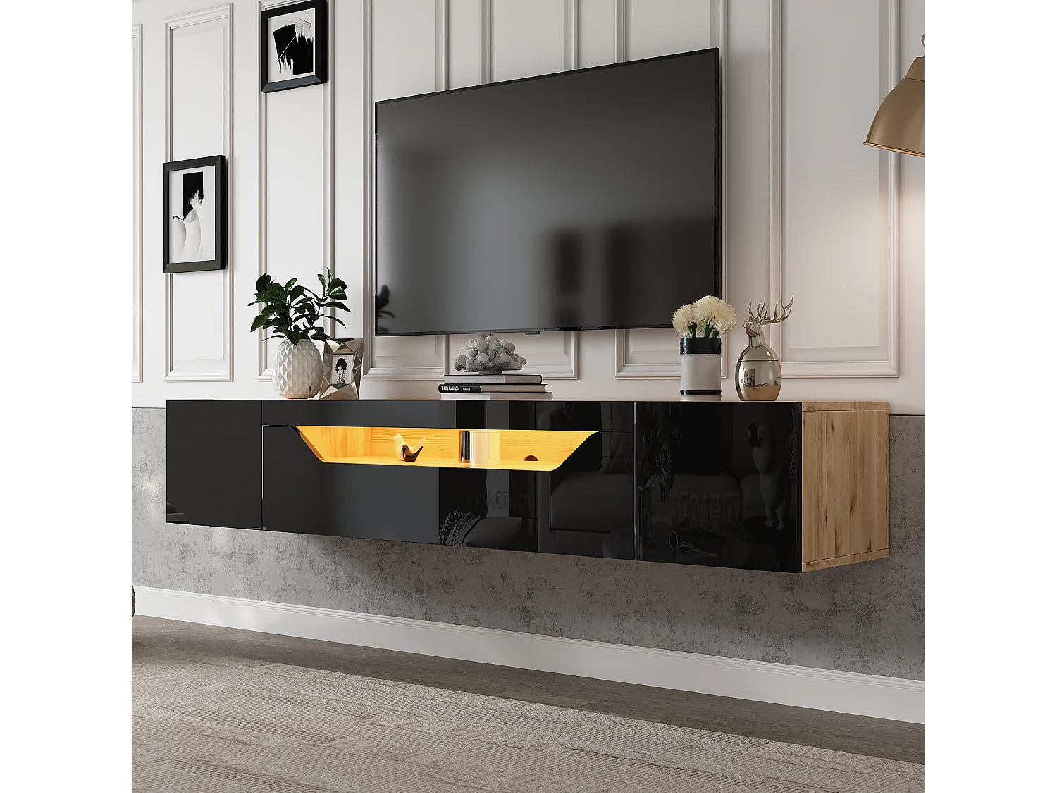 Mueble de TV de pared brillante - 180 x 37 x 36 cm - con 3 puertas + LED - para TV de 75 pulgadas - aglomerado - negro