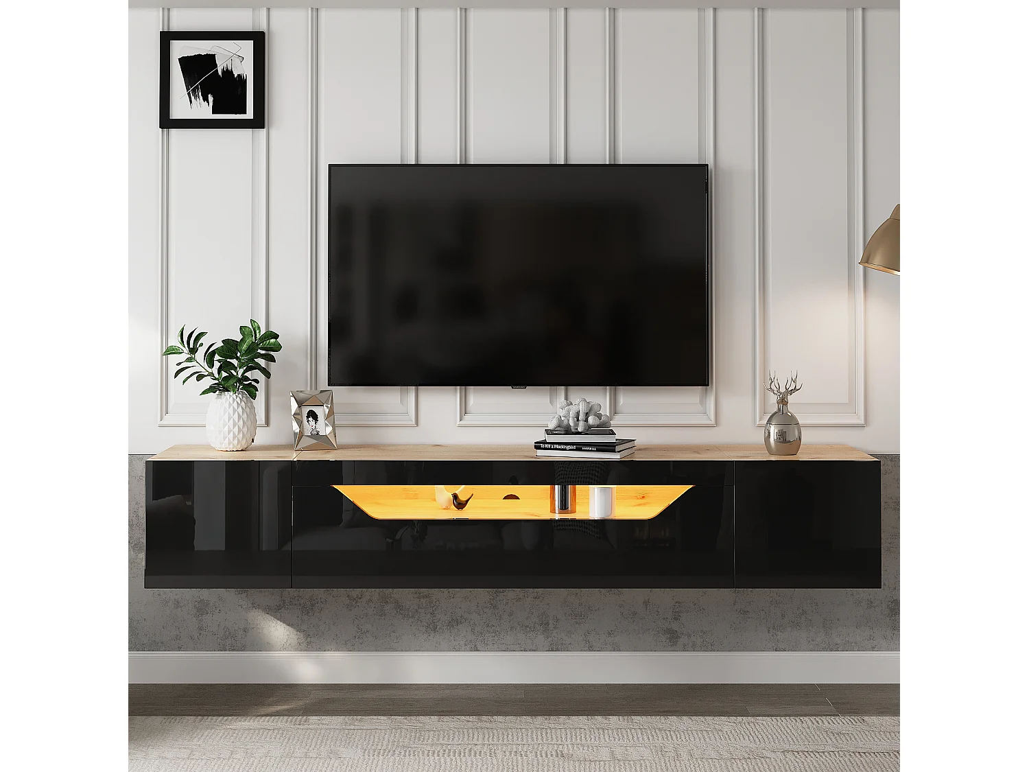Mueble de TV de pared brillante - 180 x 37 x 36 cm - con 3 puertas + LED - para TV de 75 pulgadas - aglomerado - negro