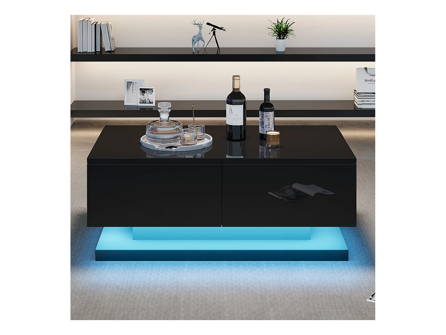 Table basse brillante - 90 x 50 x 38 cm - table de canapé avec 2 tiroirs + Leds - aggloméré - noir