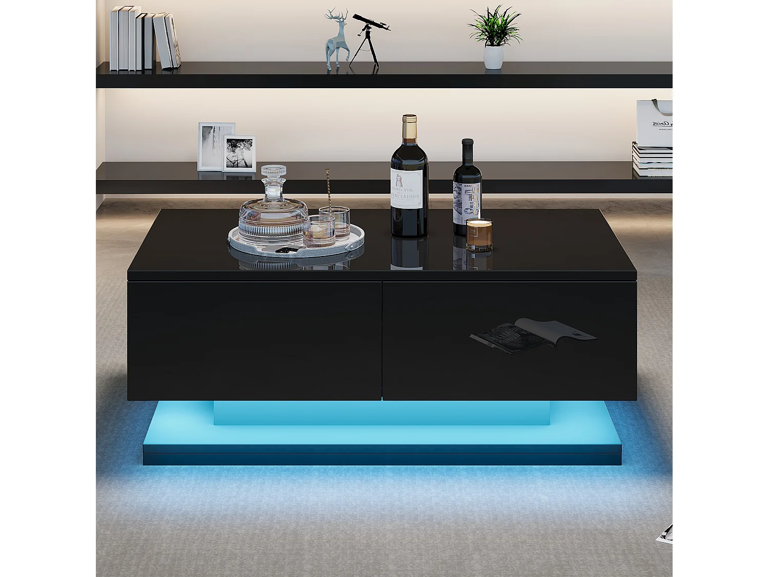 Tavolino da caffè lucido - 90 x 50 x 38 cm - tavolino da divano con 2 cassetti + LED - truciolato - nero