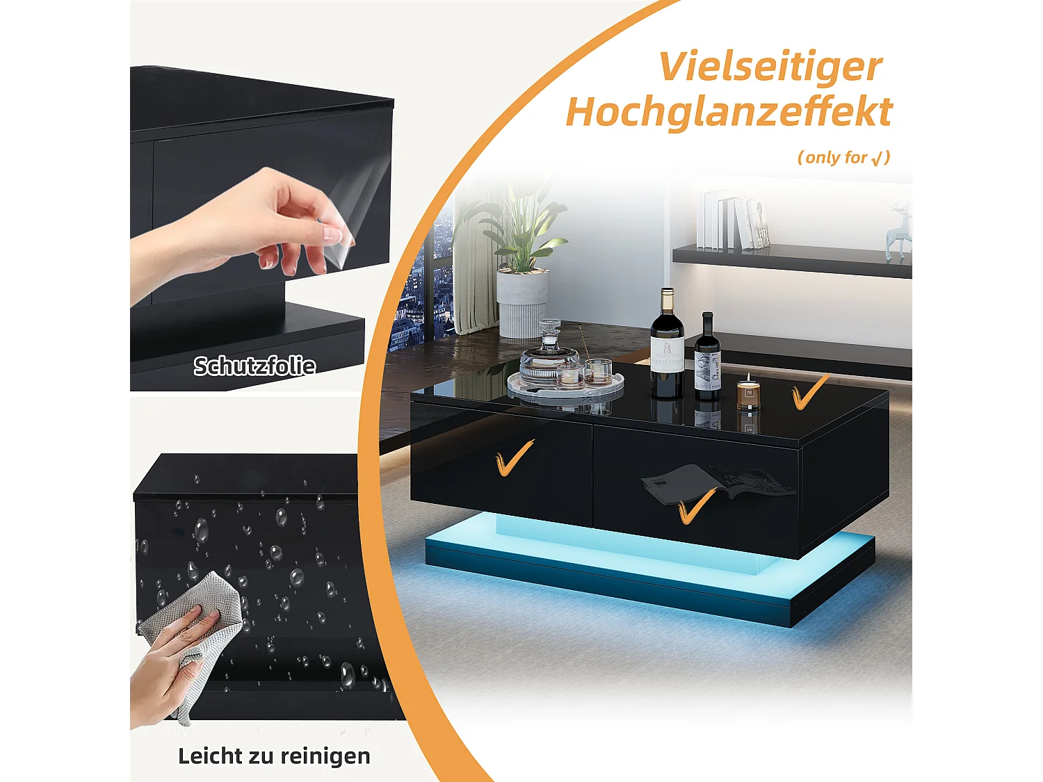 Tavolino da caffè lucido - 90 x 50 x 38 cm - tavolino da divano con 2 cassetti + LED - truciolato - nero