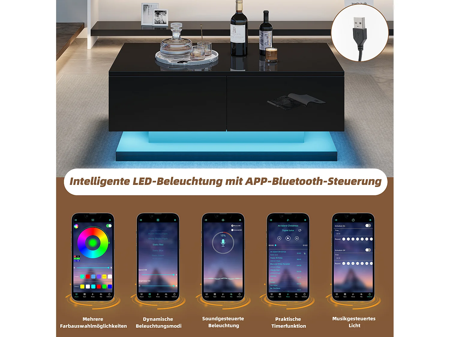 Tavolino da caffè lucido - 90 x 50 x 38 cm - tavolino da divano con 2 cassetti + LED - truciolato - nero