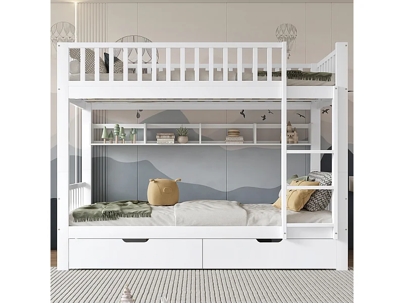 Kinderstapelbed - 2 x 90 x 200 cm - met uitvalbeveiliging + planken + 2 lades - MDF - wit