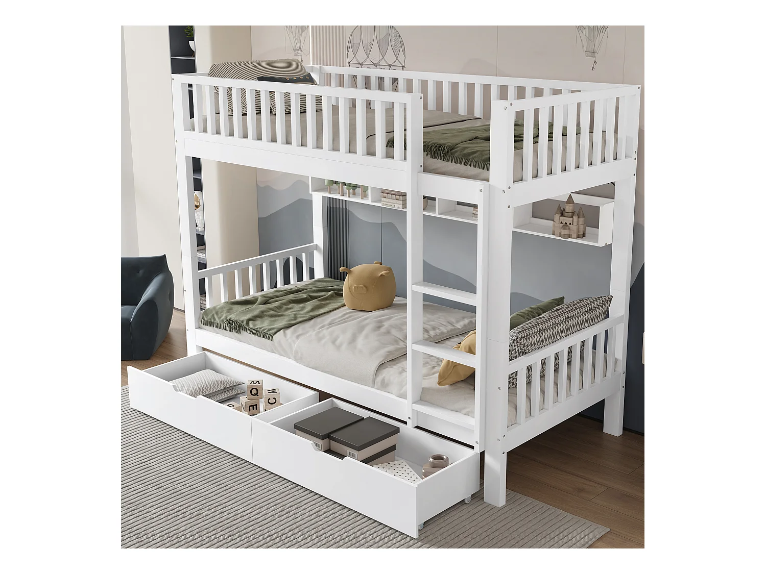 Lit superposés enfant - 2 x 90 x 200 cm - avec barrière de sécurité + étagères + 2 tiroirs - MDF - blanc