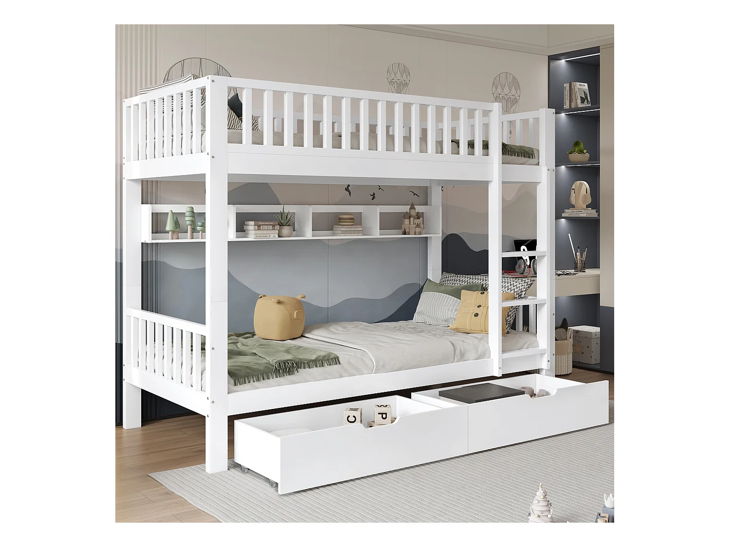 Lit superposés enfant - 2 x 90 x 200 cm - avec barrière de sécurité + étagères + 2 tiroirs - MDF - blanc
