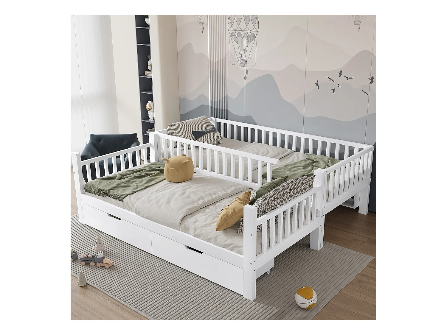 Lit superposés enfant - 2 x 90 x 200 cm - avec barrière de sécurité + étagères + 2 tiroirs - MDF - blanc