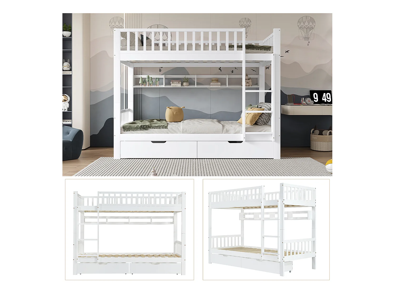 Lit superposés enfant - 2 x 90 x 200 cm - avec barrière de sécurité + étagères + 2 tiroirs - MDF - blanc
