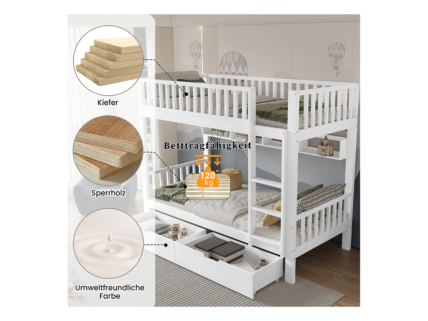 Lit superposés enfant - 2 x 90 x 200 cm - avec barrière de sécurité + étagères + 2 tiroirs - MDF - blanc