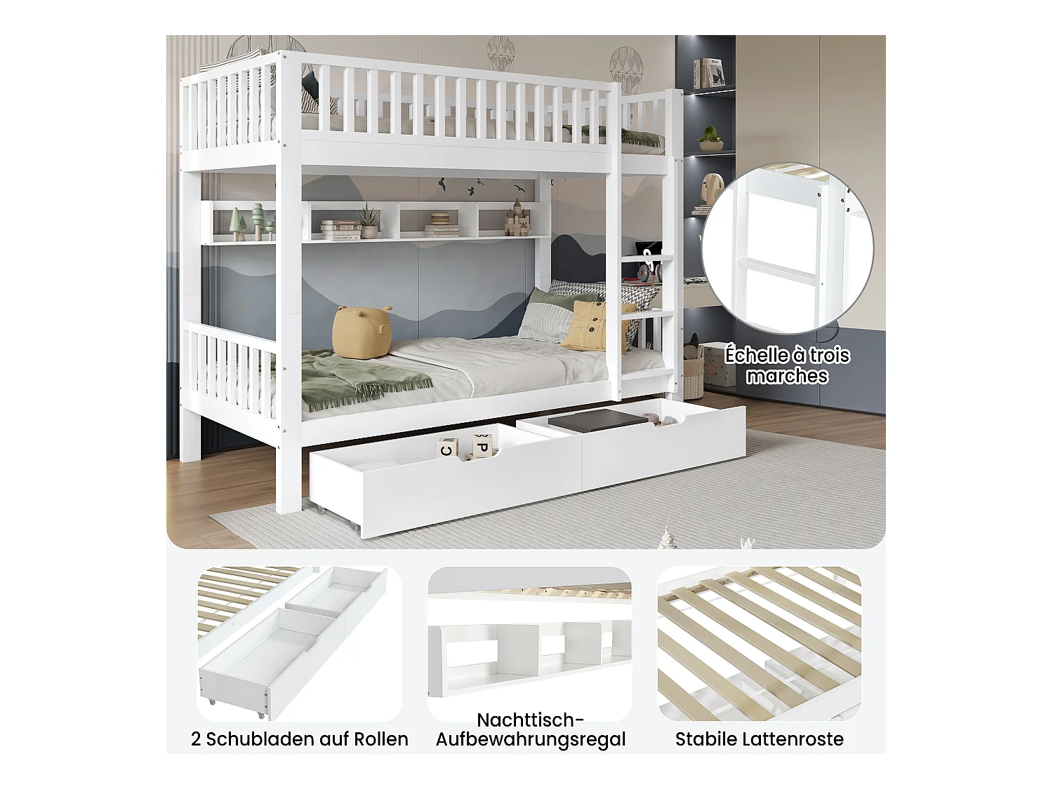 Lit superposés enfant - 2 x 90 x 200 cm - avec barrière de sécurité + étagères + 2 tiroirs - MDF - blanc