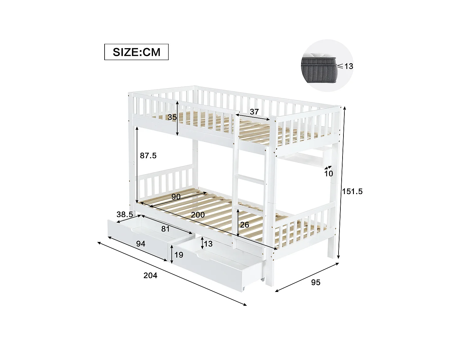 Lit superposés enfant - 2 x 90 x 200 cm - avec barrière de sécurité + étagères + 2 tiroirs - MDF - blanc
