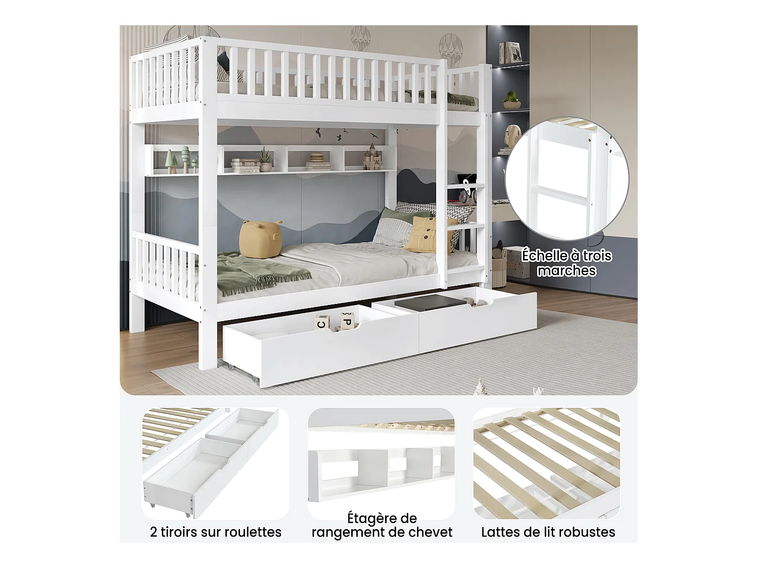 Lit superposés enfant - 2 x 90 x 200 cm - avec barrière de sécurité + étagères + 2 tiroirs - MDF - blanc