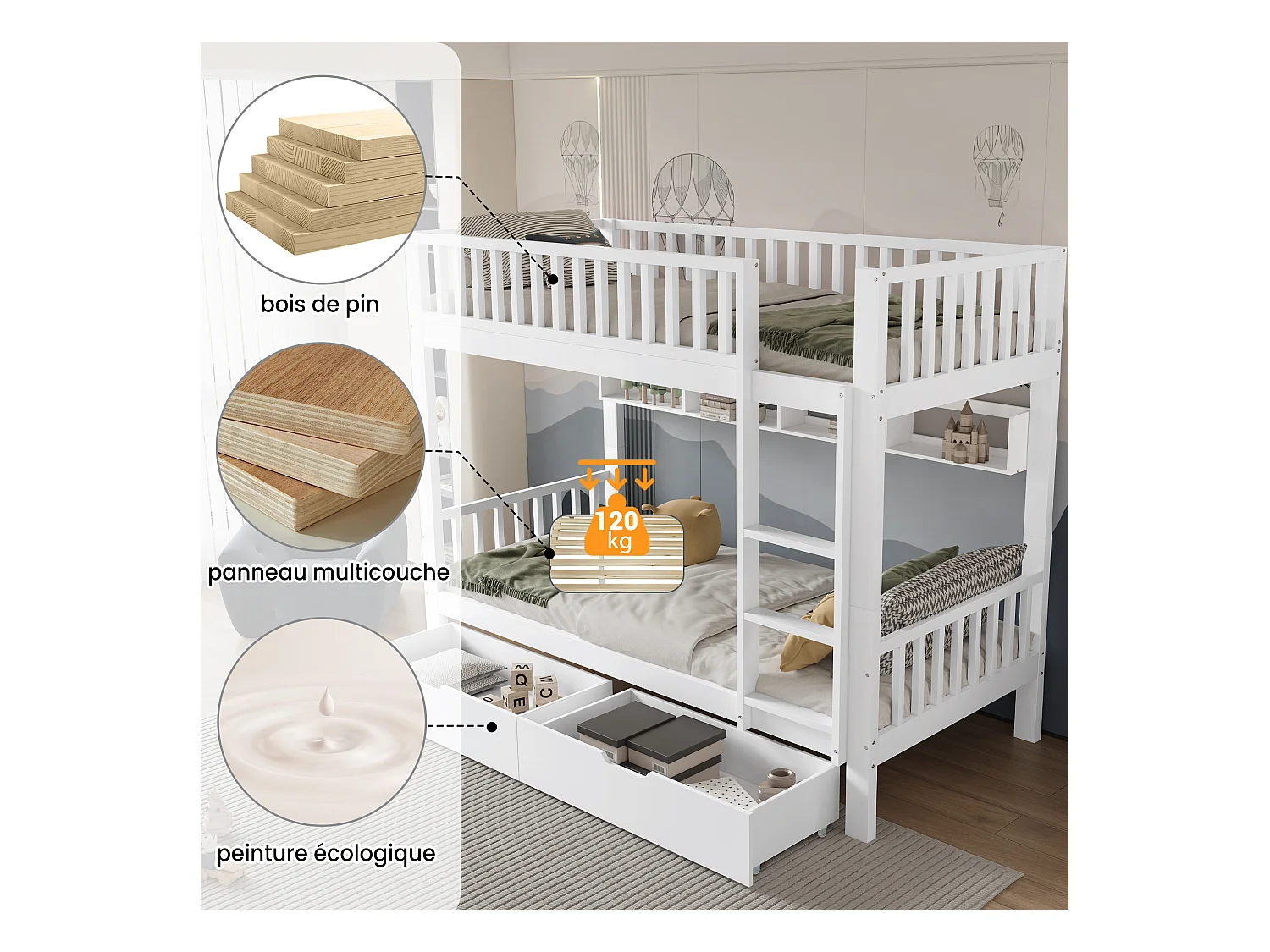 Lit superposés enfant - 2 x 90 x 200 cm - avec barrière de sécurité + étagères + 2 tiroirs - MDF - blanc