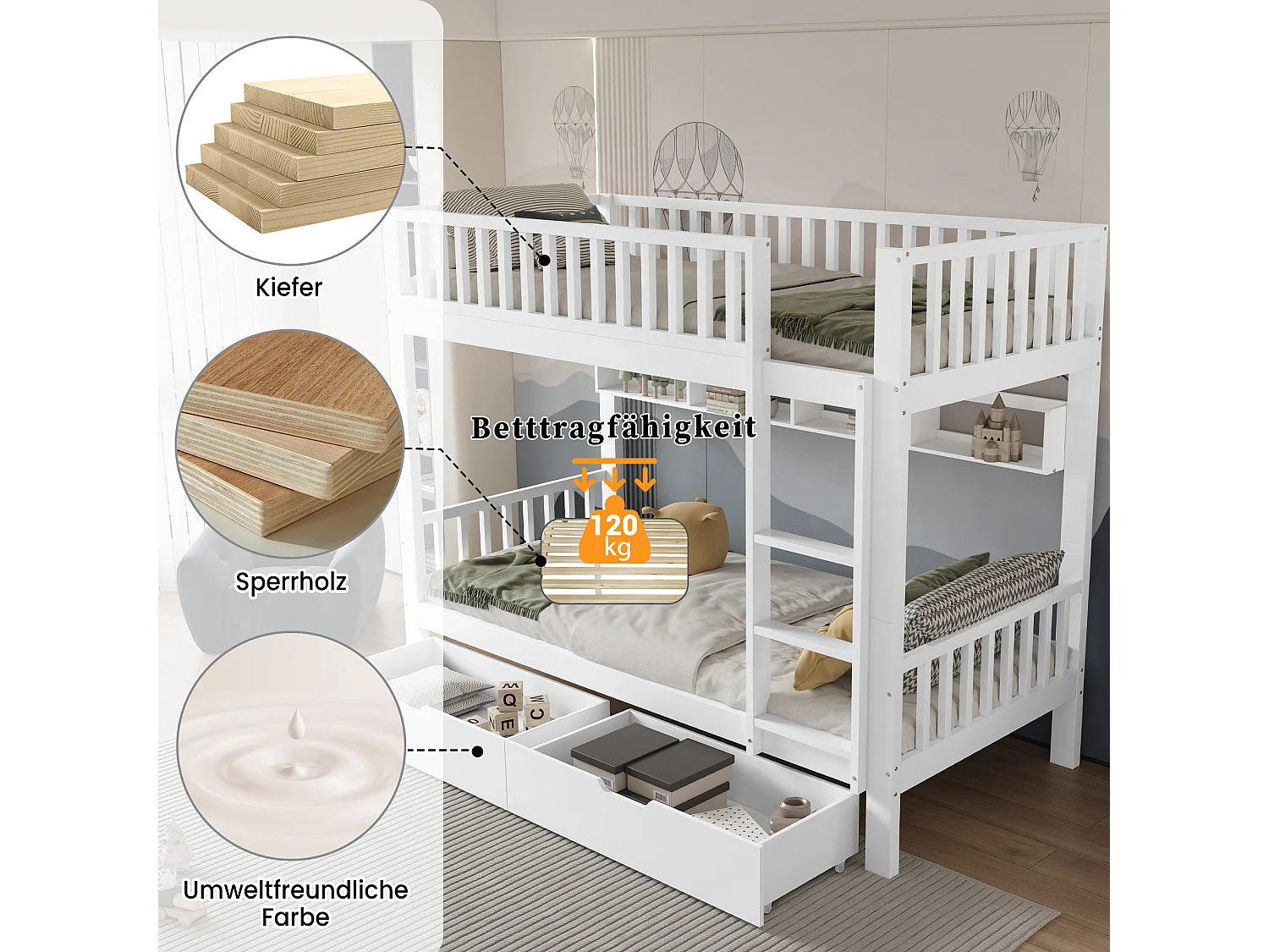 Literas infantiles - 2 x 90 x 200 cm - con barandilla de seguridad + estantes + 2 cajones - MDF - blanco