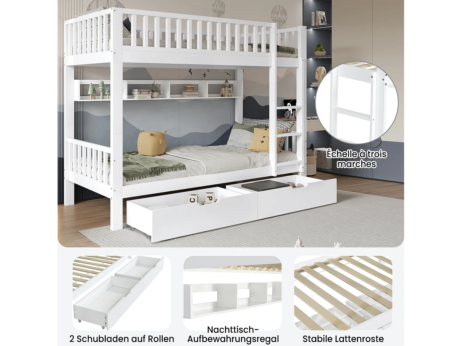 Literas infantiles - 2 x 90 x 200 cm - con barandilla de seguridad + estantes + 2 cajones - MDF - blanco