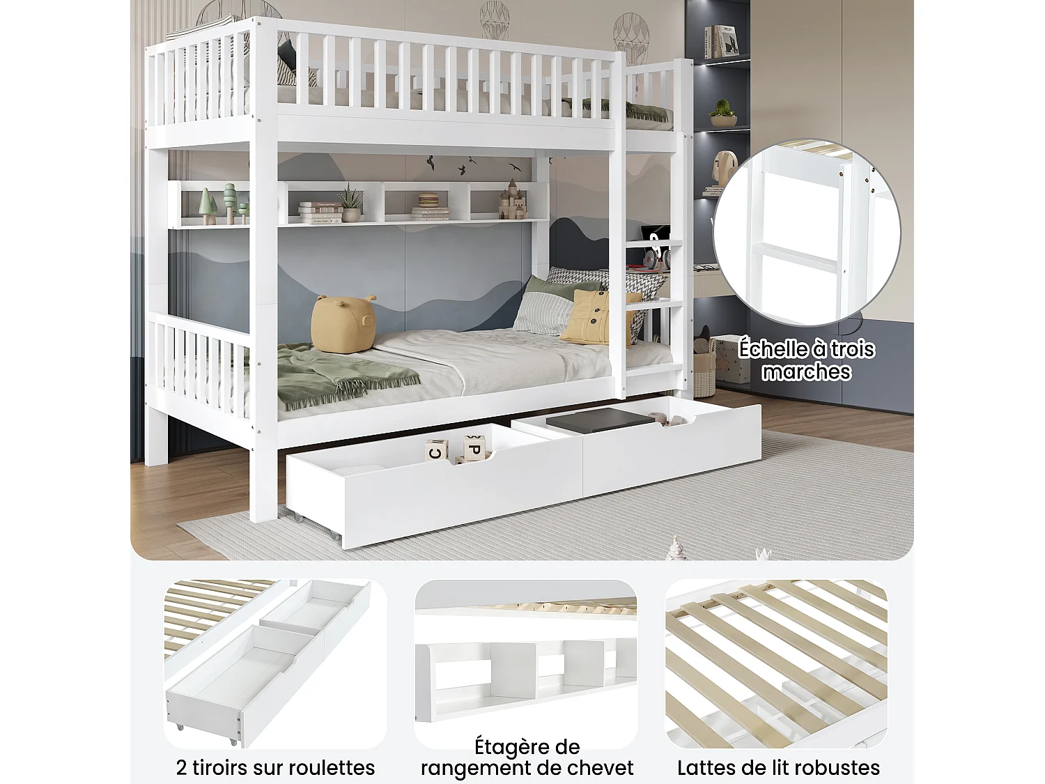 Literas infantiles - 2 x 90 x 200 cm - con barandilla de seguridad + estantes + 2 cajones - MDF - blanco