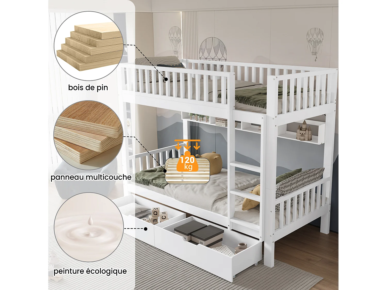 Literas infantiles - 2 x 90 x 200 cm - con barandilla de seguridad + estantes + 2 cajones - MDF - blanco