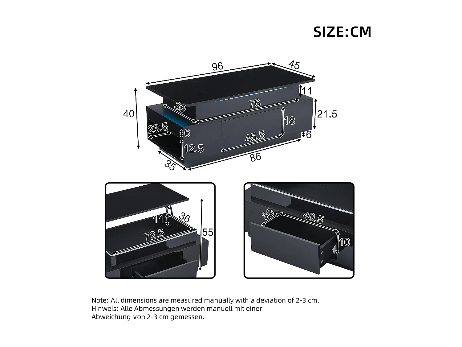 Table basse relevable - 96 x 45 x 40 cm - avec rangement dissimulé + 1 tiroir + Leds - aggloméré - noir