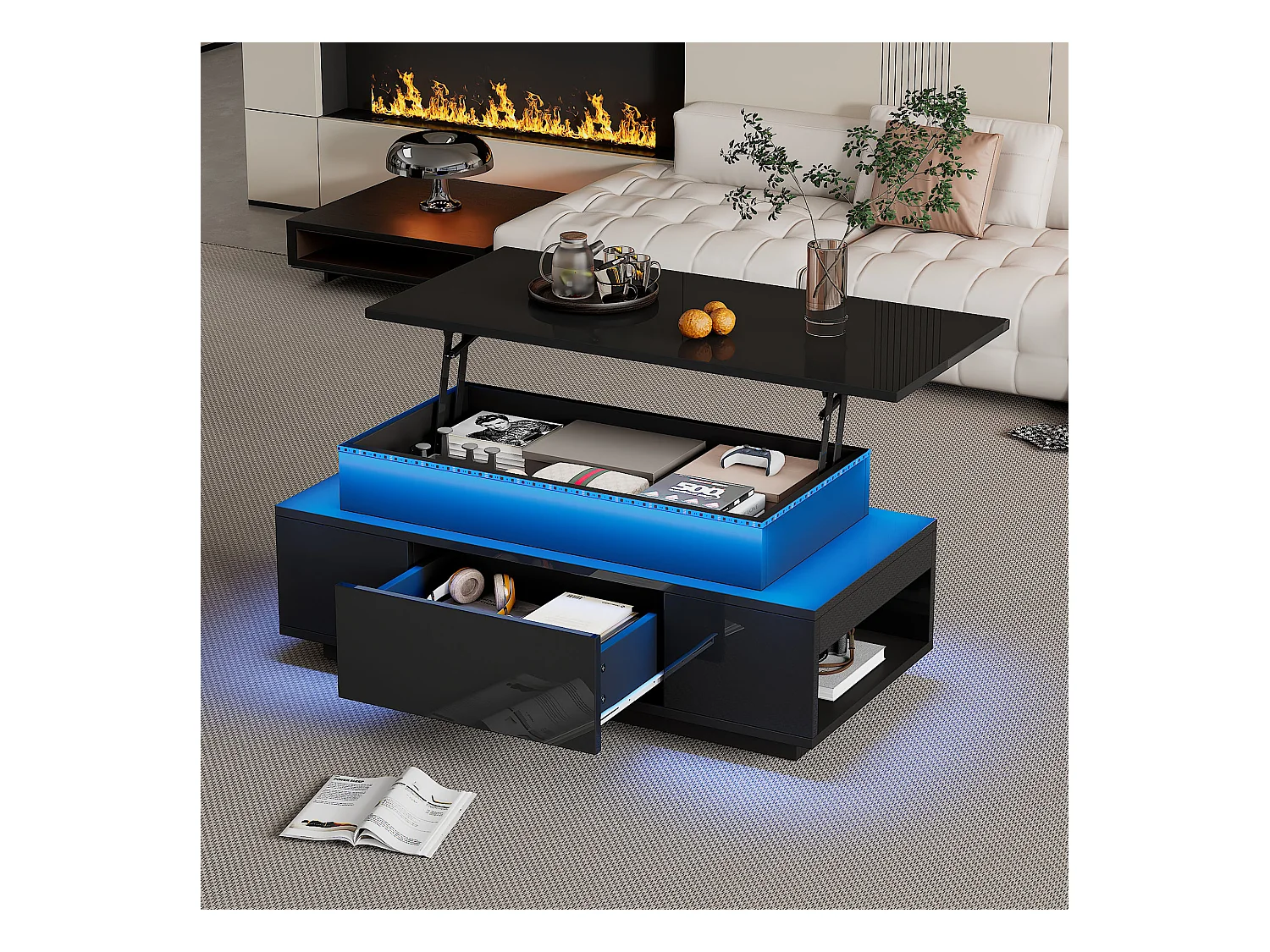 Opklapbare salontafel - 96 x 45 x 40 cm - met verborgen opbergruimte + 1 lade + LED's - spaanplaat - zwart