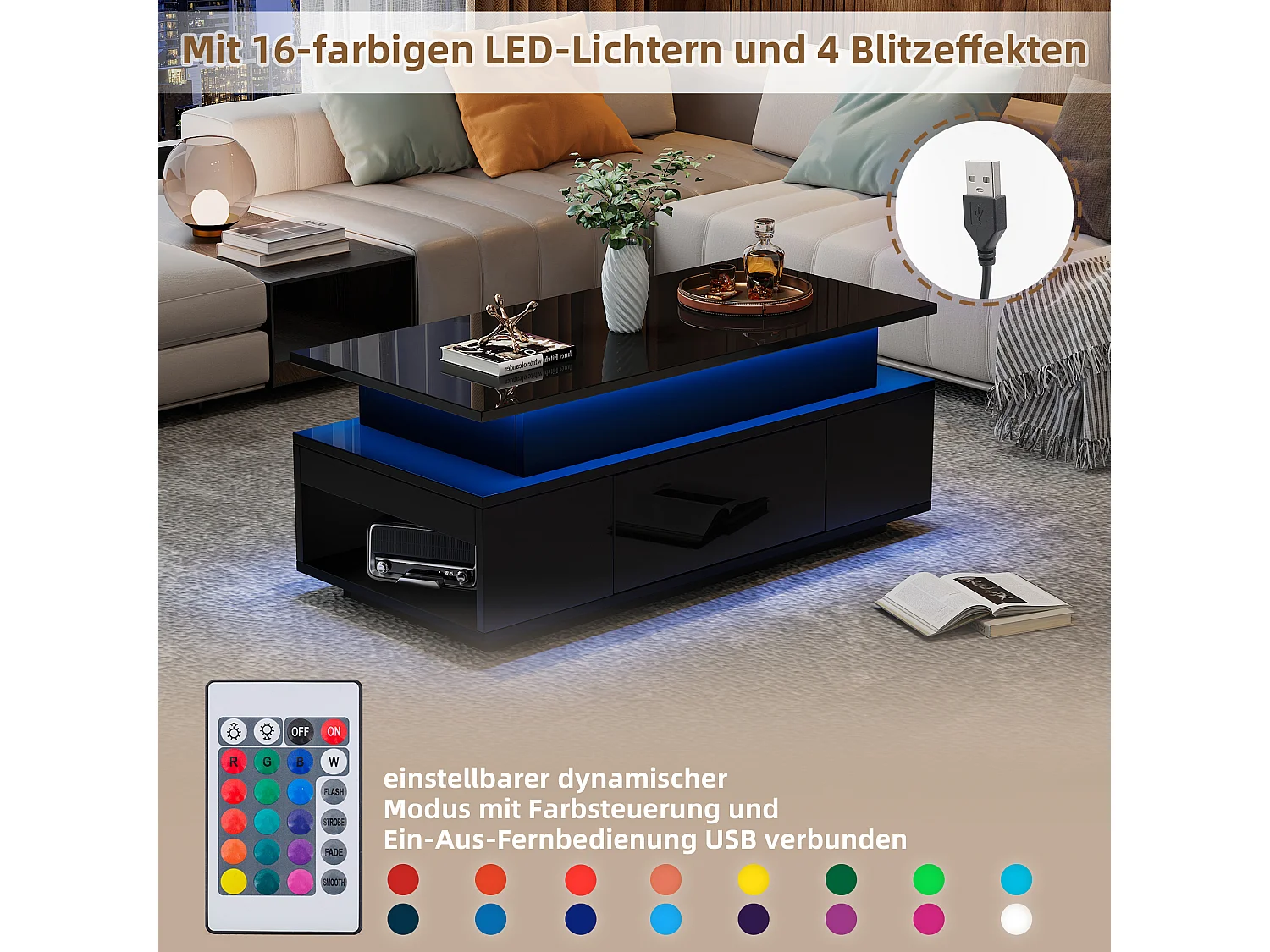 Mesa de centro elevatória - 96 x 45 x 40 cm - com arrumação oculta + 1 gaveta + LEDs - aglomerado - preto