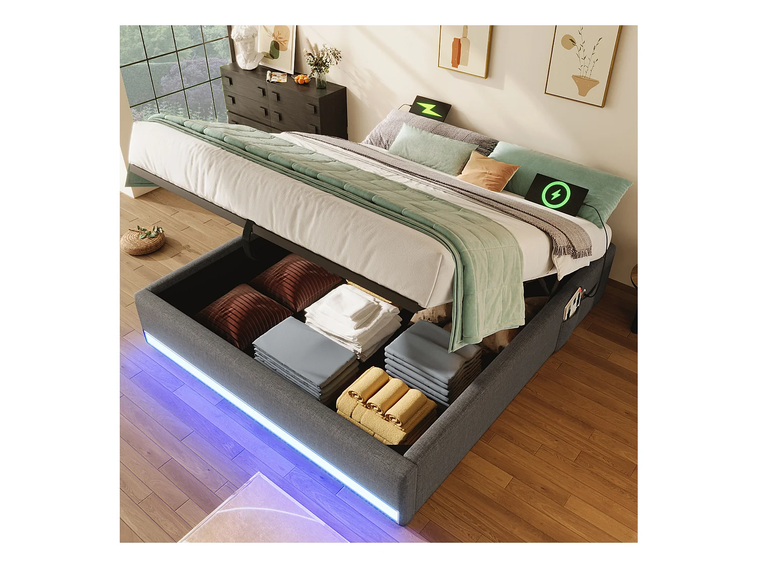Lit coffre rembourré - 140 x 200 cm - avec Leds +  USB + Type-C - sans tête de lit - lin + MDF - gris