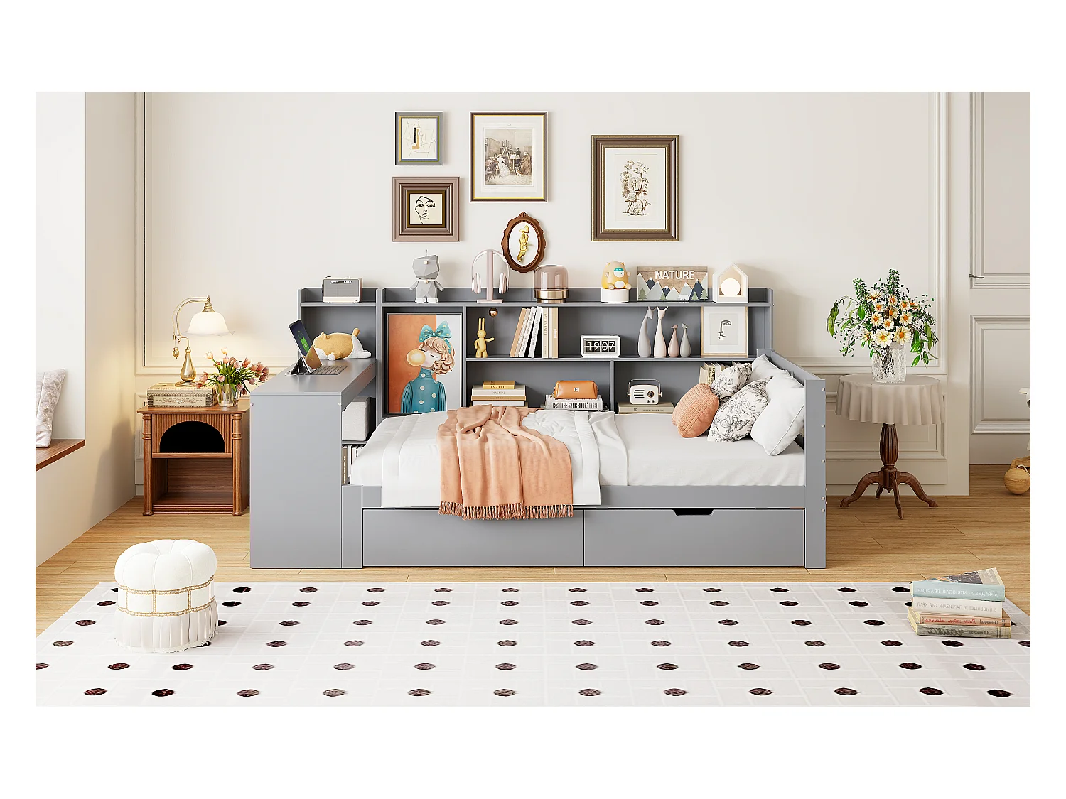 Canapé-lit pour enfant - 90 x 200 cm - avec bureau + bibliothèque + étagères de rangements - MDF - gris