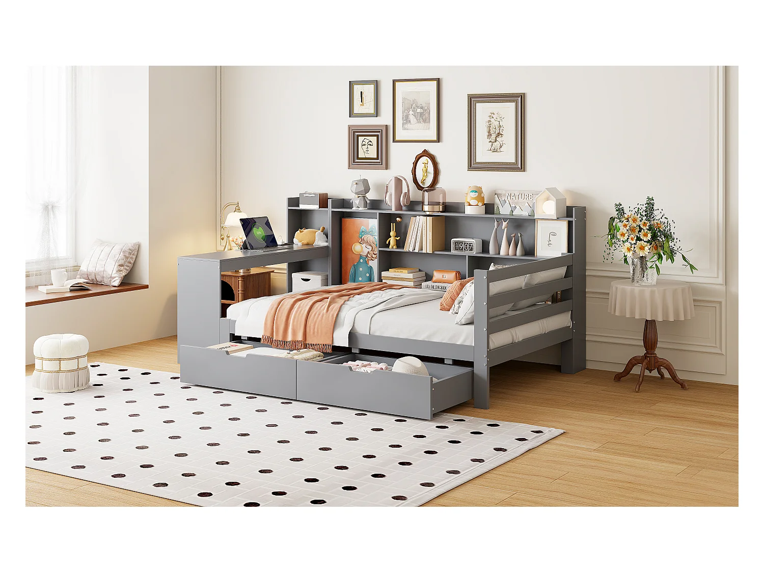 Canapé-lit pour enfant - 90 x 200 cm - avec bureau + bibliothèque + étagères de rangements - MDF - gris