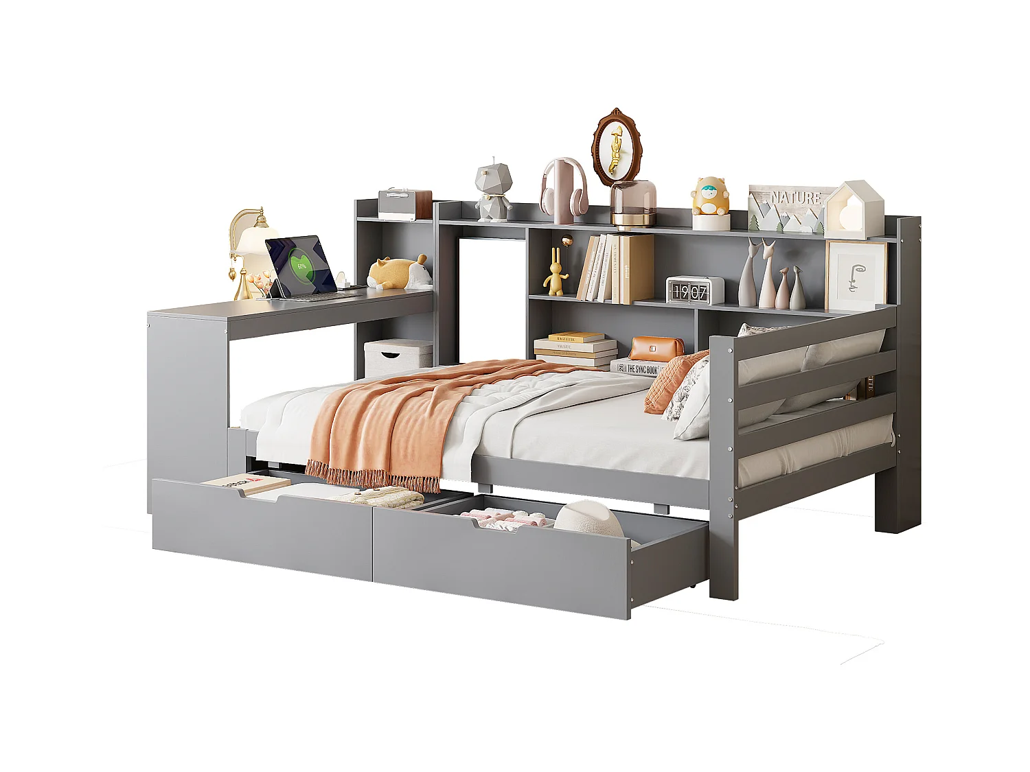 Canapé-lit pour enfant - 90 x 200 cm - avec bureau + bibliothèque + étagères de rangements - MDF - gris