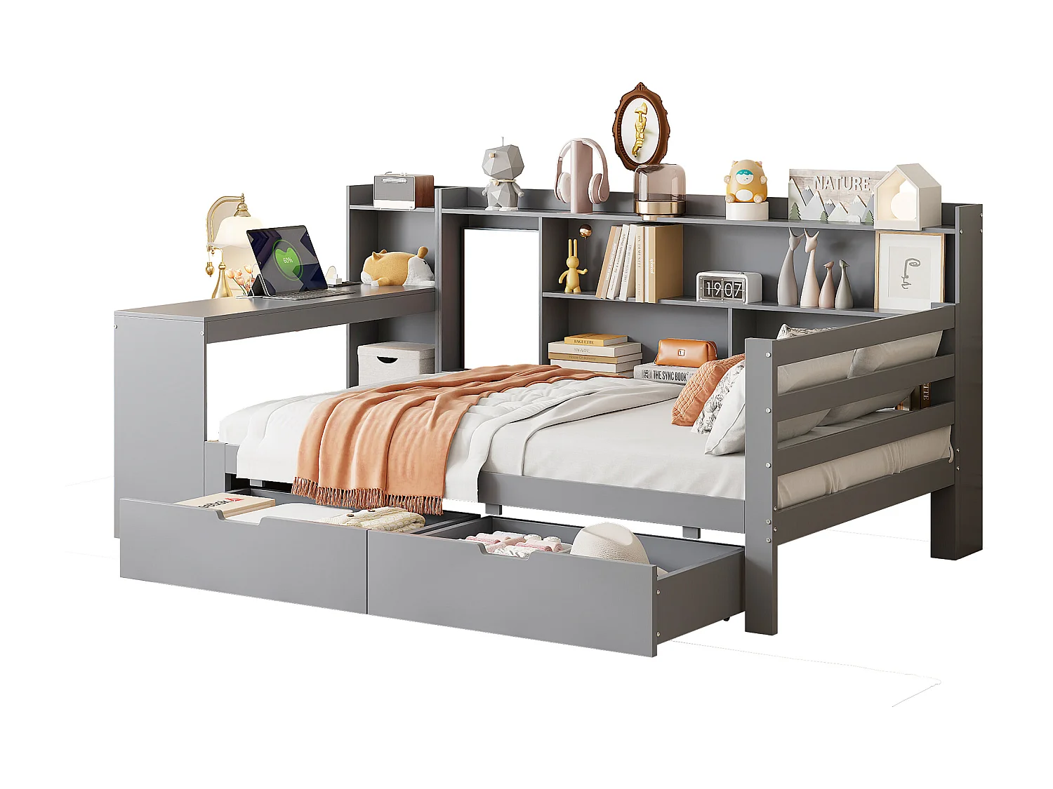 Kinder- Schlafsofa - 90 x 200 cm - mit Schreibtisch + Bücherregal + Ablageflächen - MDF - grau