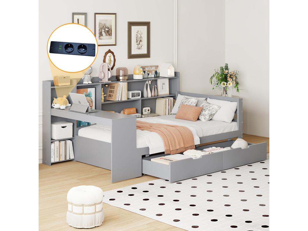 Sofa dziecięca z funkcją spania - 90 x 200 cm - z biurkiem + regałem + półkami do przechowywania - MDF - szary
