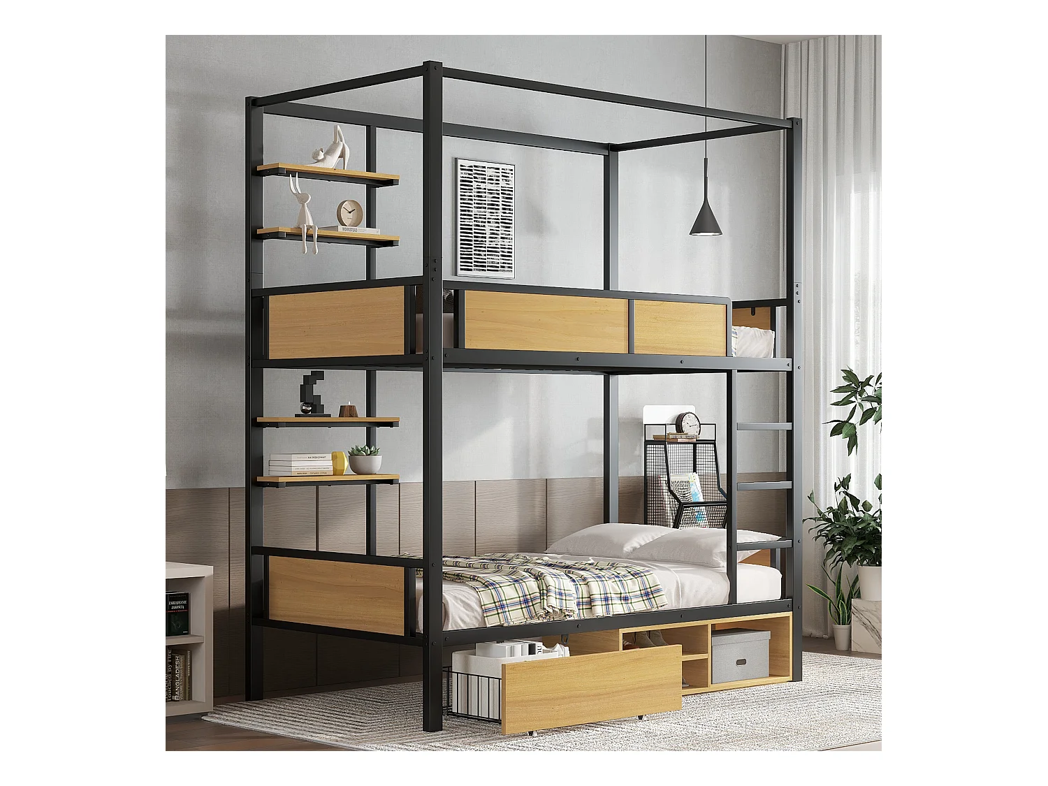 Lit superposé enfant en fer - 2 x 90 x 200 cm - double étagère + 1 tiroir + rangement sous lit - métal - noir + naturel