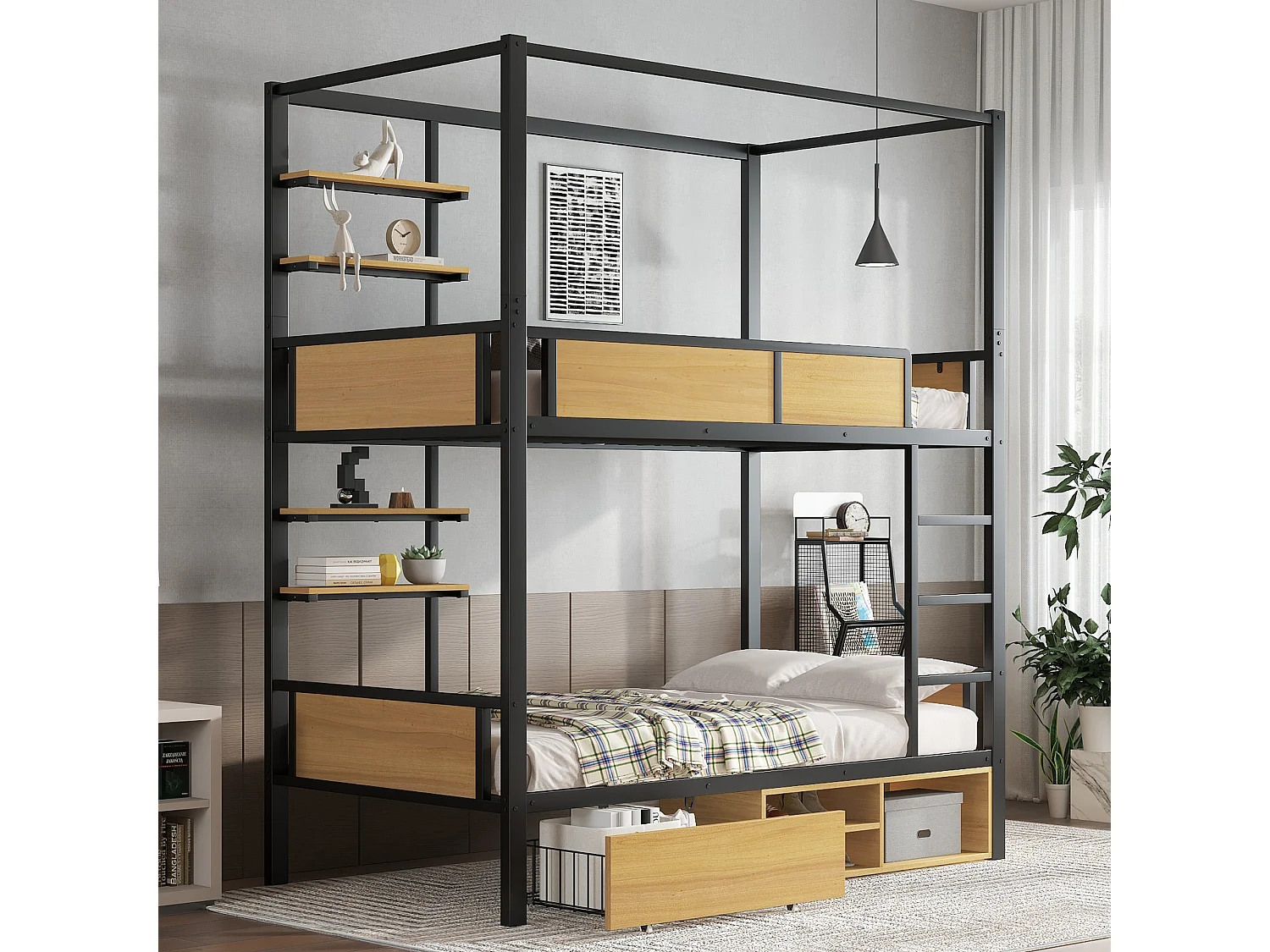 Łóżko piętrowe dla dzieci z żelaza - 2 x 90 x 200 cm - podwójna półka + 1 szuflada + schowek pod łóżkiem - metal - czarny + naturalny