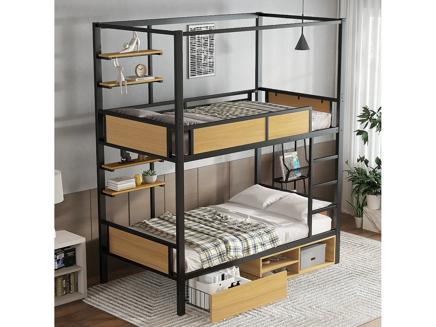 Łóżko piętrowe dla dzieci z żelaza - 2 x 90 x 200 cm - podwójna półka + 1 szuflada + schowek pod łóżkiem - metal - czarny + naturalny