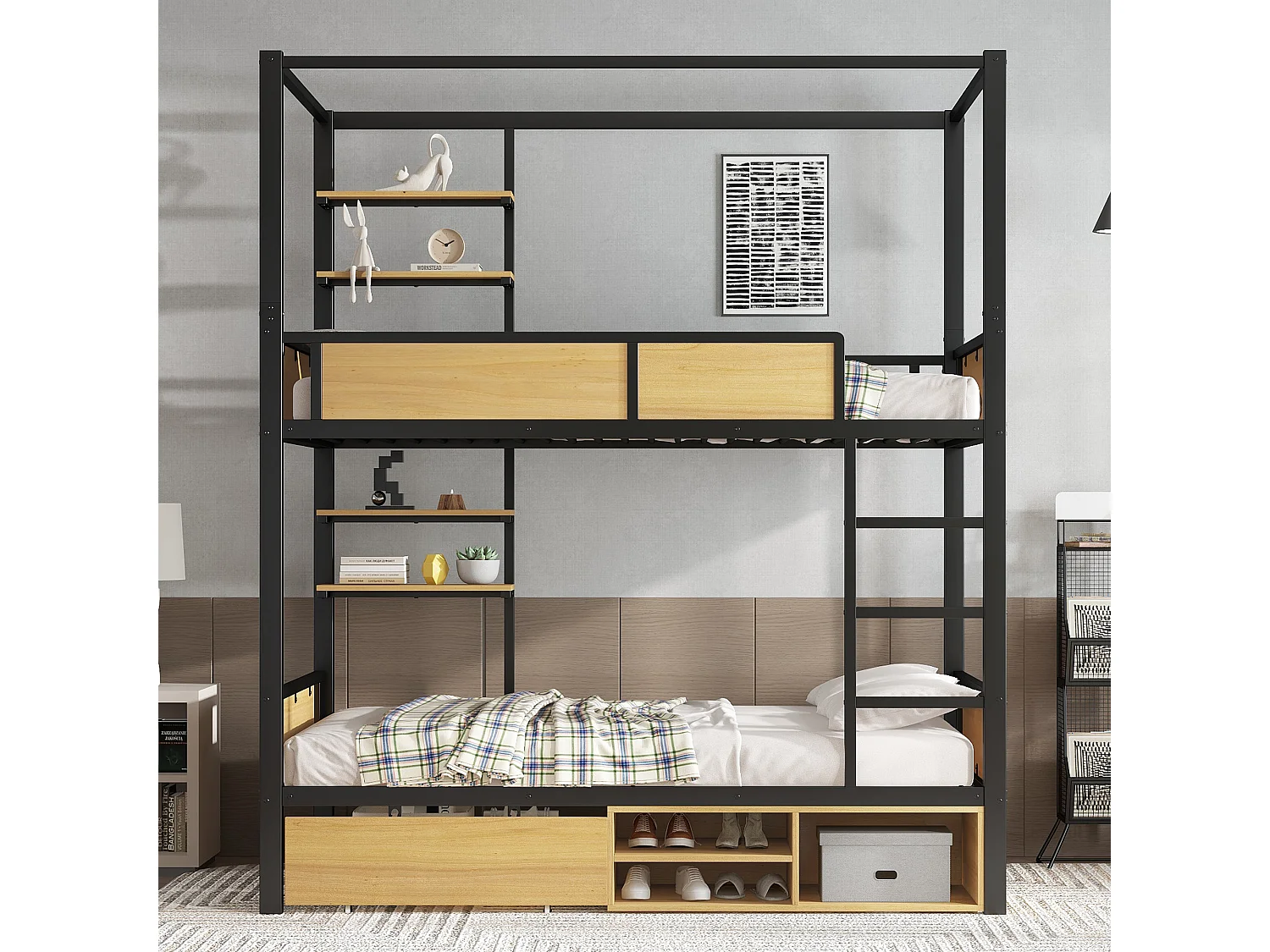 Łóżko piętrowe dla dzieci z żelaza - 2 x 90 x 200 cm - podwójna półka + 1 szuflada + schowek pod łóżkiem - metal - czarny + naturalny