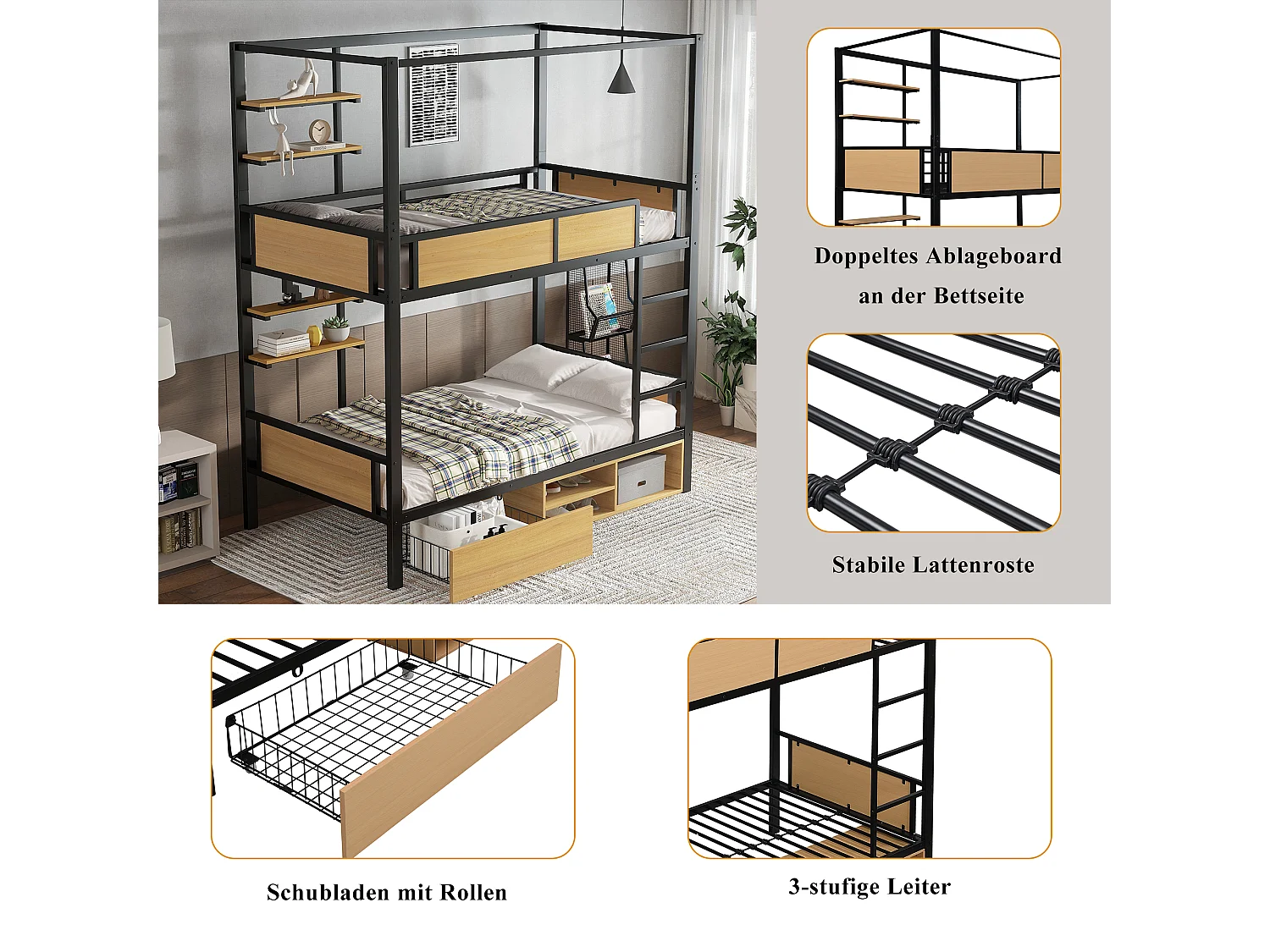 Łóżko piętrowe dla dzieci z żelaza - 2 x 90 x 200 cm - podwójna półka + 1 szuflada + schowek pod łóżkiem - metal - czarny + naturalny