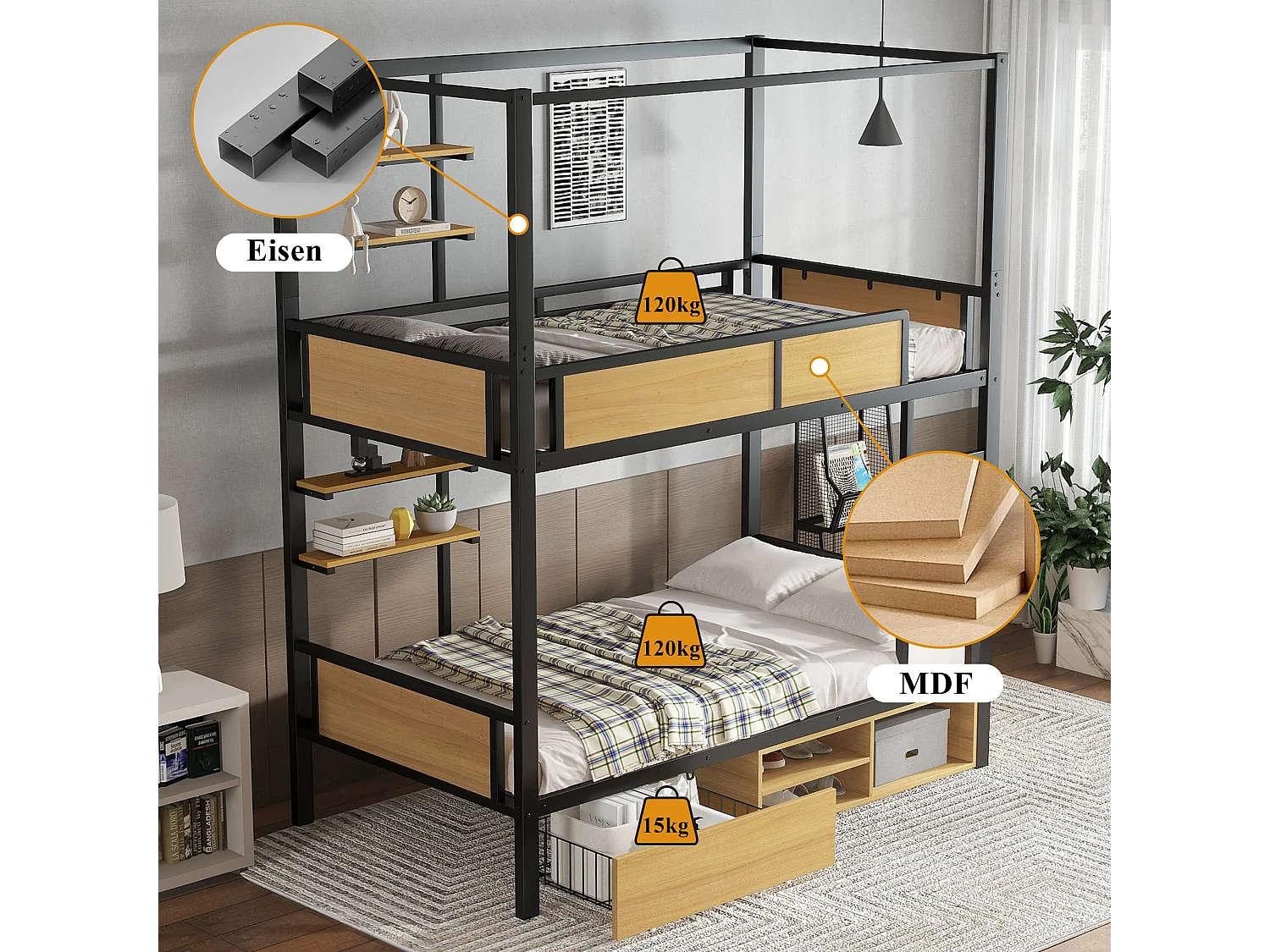 Łóżko piętrowe dla dzieci z żelaza - 2 x 90 x 200 cm - podwójna półka + 1 szuflada + schowek pod łóżkiem - metal - czarny + naturalny