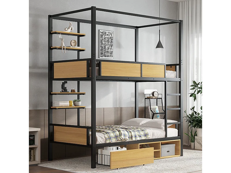 Łóżko piętrowe dla dzieci z żelaza - 2 x 90 x 200 cm - podwójna półka + 1 szuflada + schowek pod łóżkiem - metal - czarny + naturalny