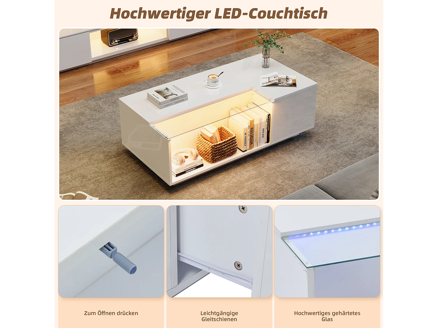 Table basse brillante - 100 x 50 x 35cm - avec Leds - avec rangements + 2 tiroirs - Aggloméré + verre trempé - blanc