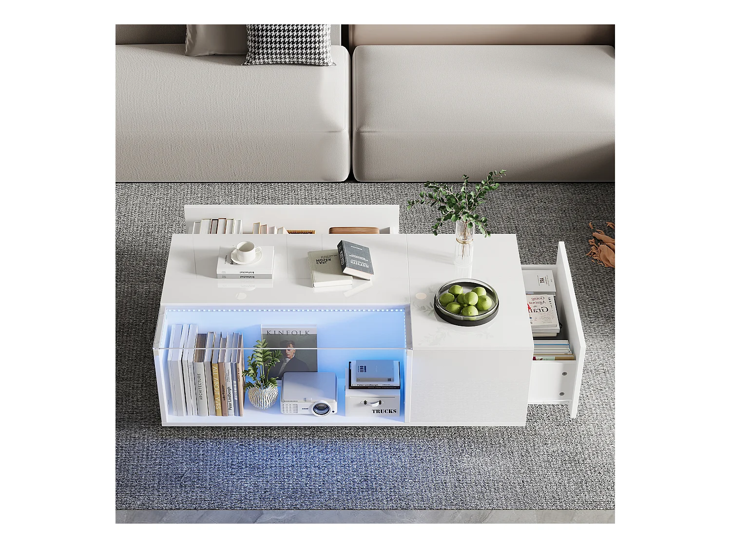 Glänzender Couchtisch – 100 x 50 x 35 cm – mit LEDs – mit Stauraum + 2 Schubladen – Spanplatte + gehärtetes Glas – weiß