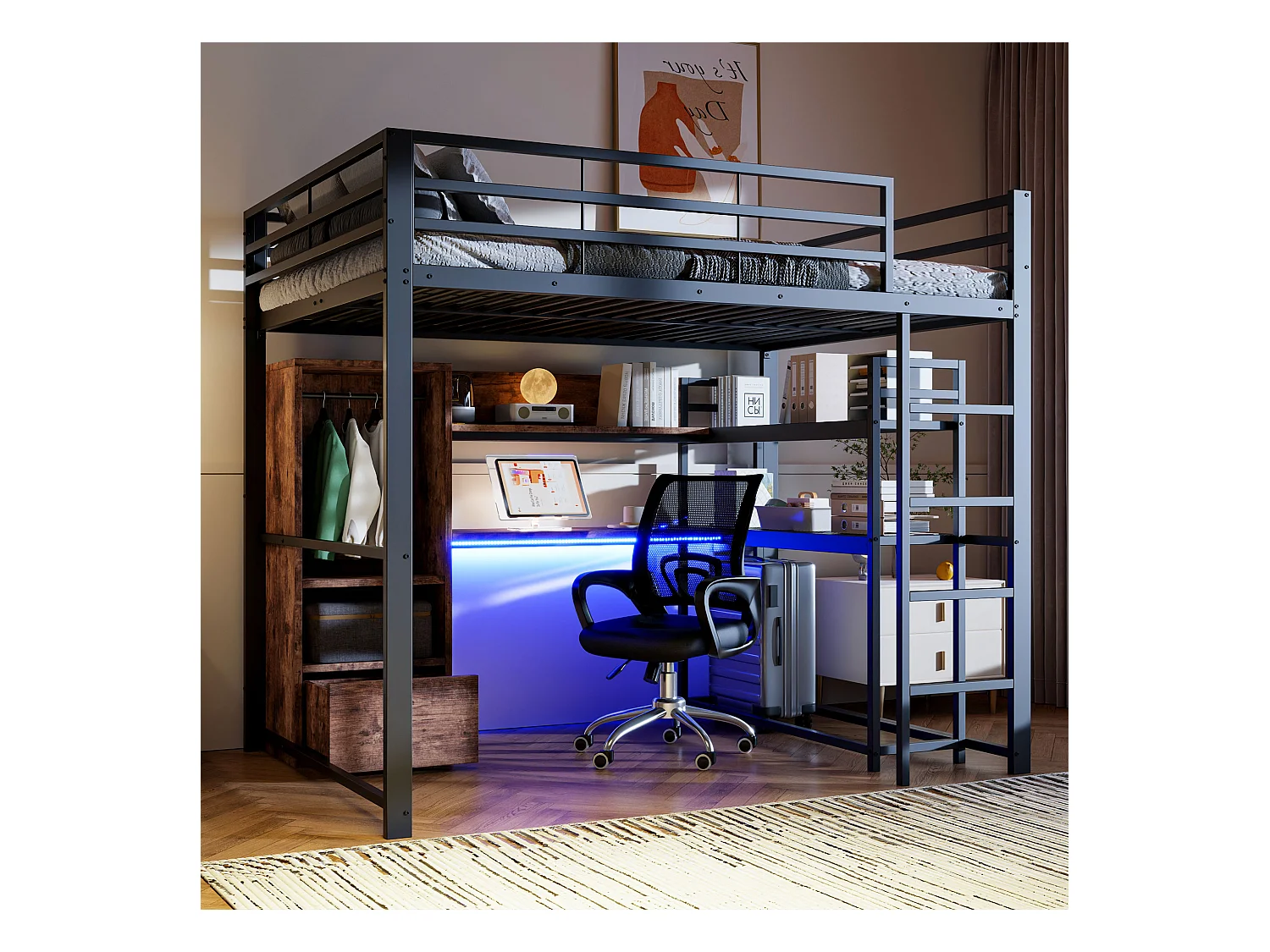 Lit mezzanine pour enfant - 140 x 200 cm - avec armoire + Leds + bureau + 1 tiroir - MDF + métal - noir