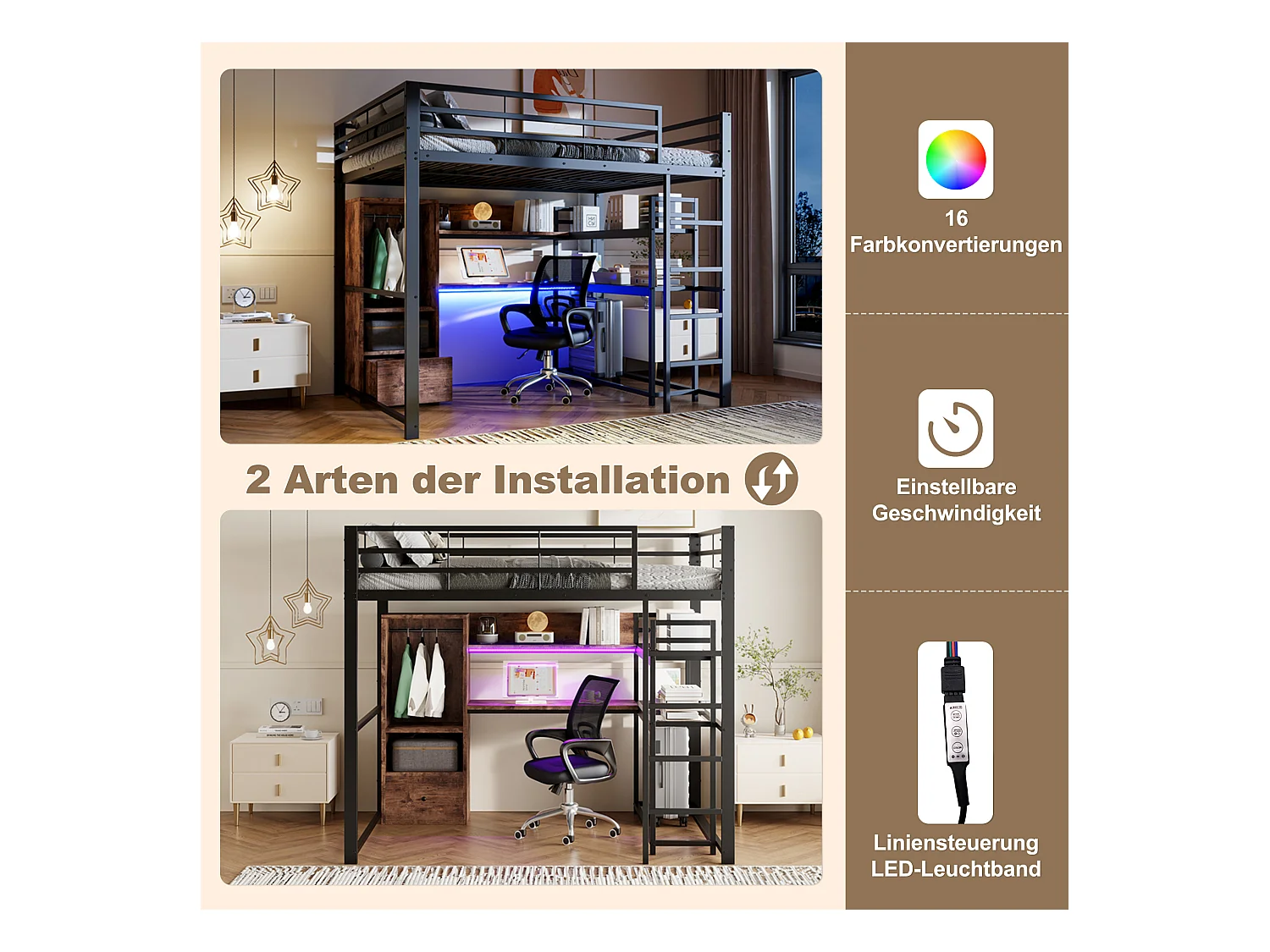 Lit mezzanine pour enfant - 140 x 200 cm - avec armoire + Leds + bureau + 1 tiroir - MDF + métal - noir