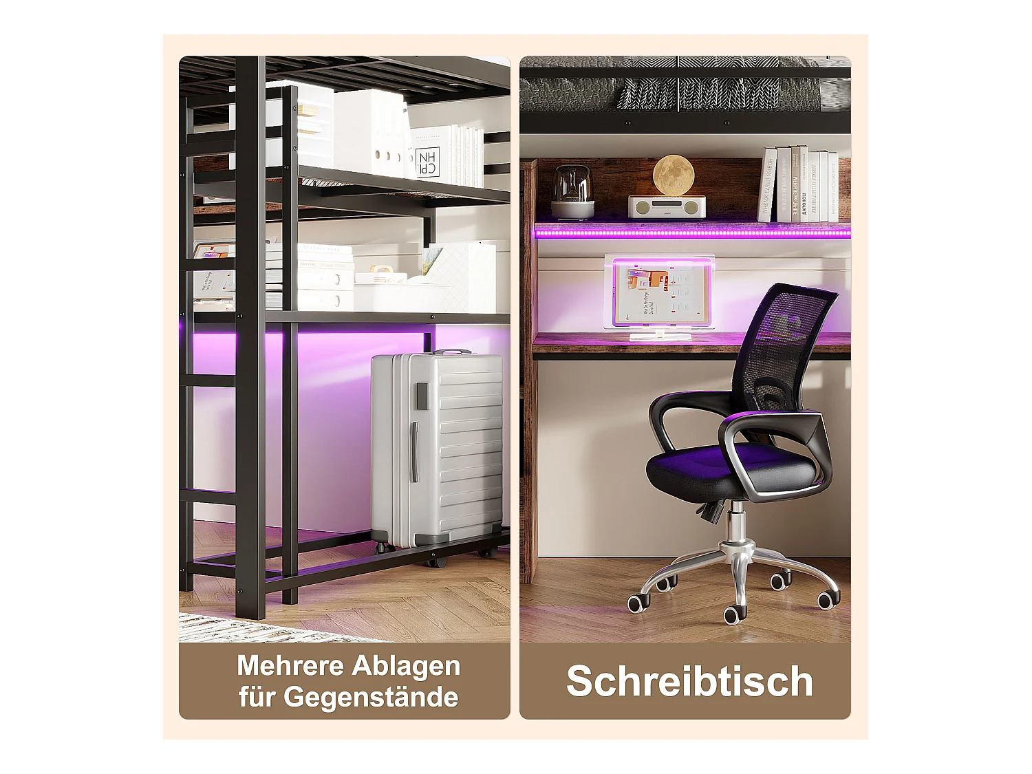 Lit mezzanine pour enfant - 140 x 200 cm - avec armoire + Leds + bureau + 1 tiroir - MDF + métal - noir